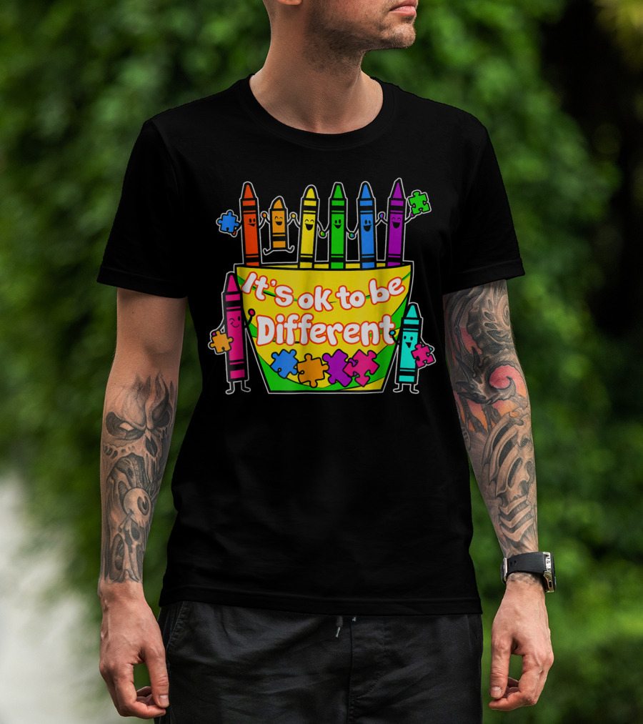Autism Awareness Crayons It's Ok To Be Different Puzzle Pieces T-Shirt
