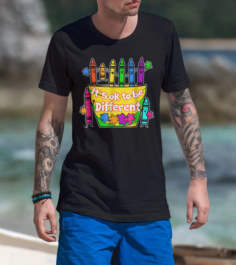 Autism Awareness Crayons It's Ok To Be Different Puzzle Pieces T-Shirt