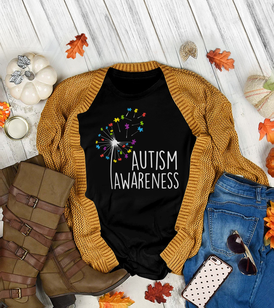 Autism Awareness Colorful Dandelion Puzzle Pieces T-Shirt