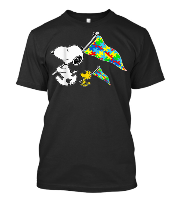 Snoopy And Woodstock Autism Awareness Puzzle Flags T-Shirt