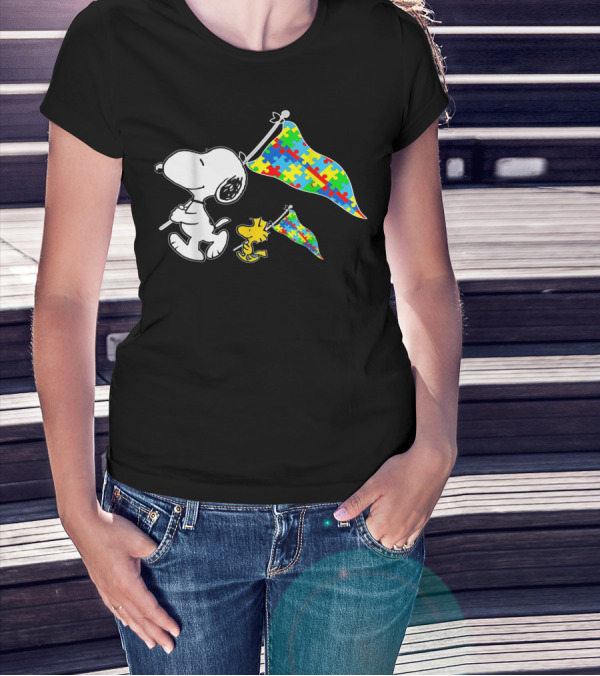 Snoopy And Woodstock Autism Awareness Puzzle Flags T-Shirt