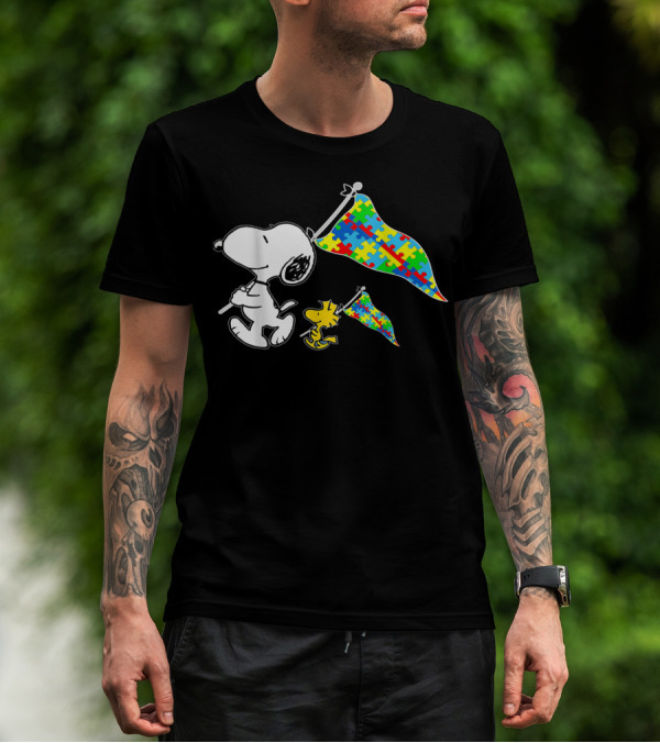 Snoopy And Woodstock Autism Awareness Puzzle Flags T-Shirt