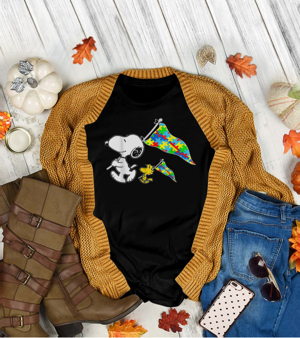 Snoopy And Woodstock Autism Awareness Puzzle Flags T-Shirt