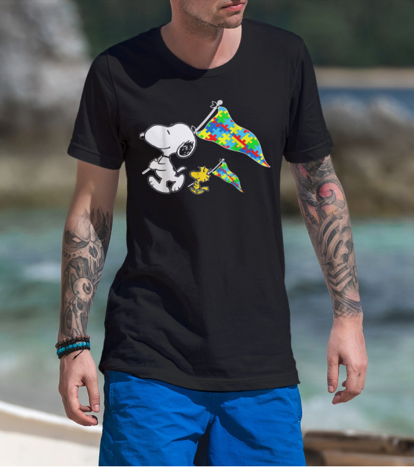 Snoopy And Woodstock Autism Awareness Puzzle Flags T-Shirt