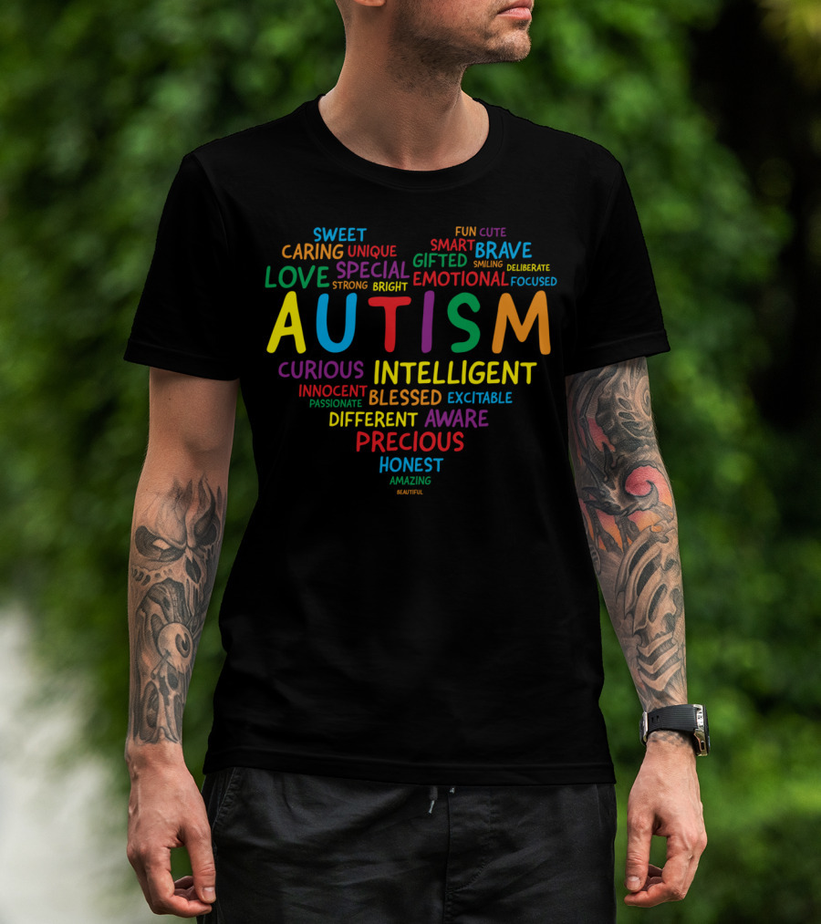 Autism Awareness Autism Heart Sweet Caring Love Special Curious Intelligent Honest Precious Awareness T-Shirt