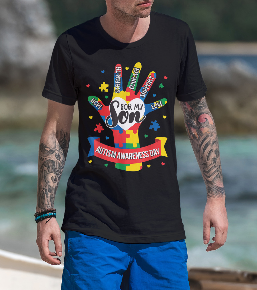 Autism Awareness Day Hope Strength Courage Support Love For My Son Puzzle Lover Dad T-Shirt
