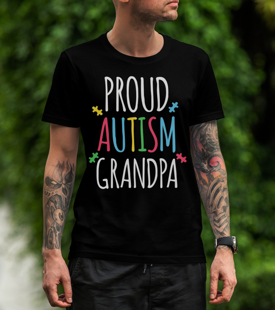 Proud Autism Grandpa Autism Awareness Puzzle Pieces T-Shirt