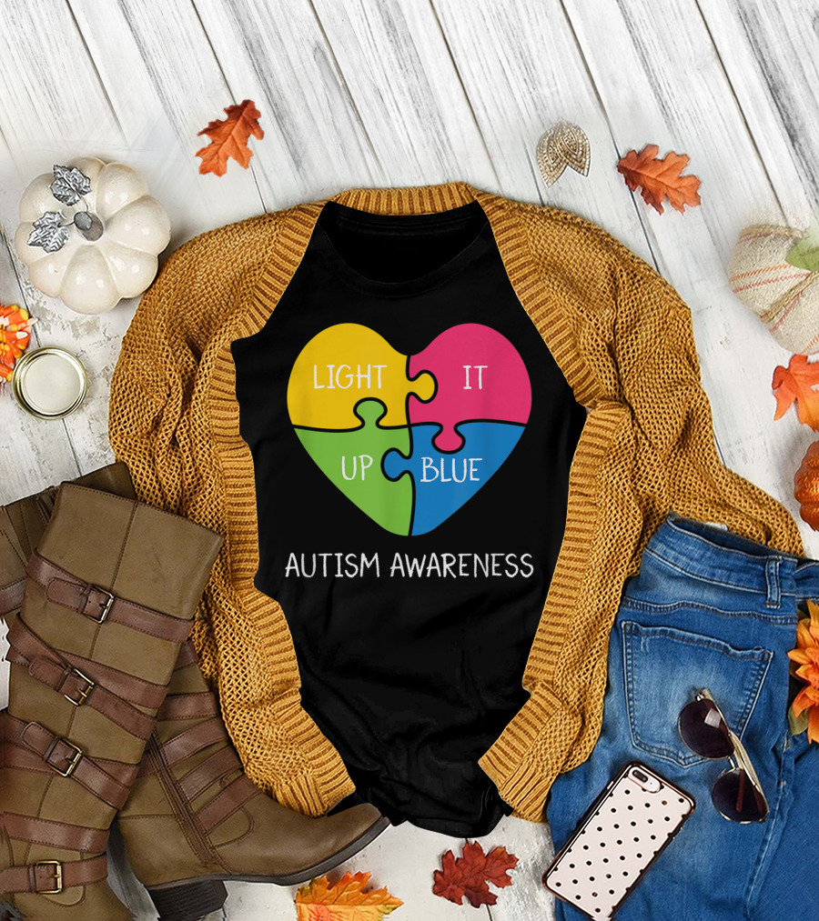 Light It Up Blue Autism Awareness Puzzle Heart T-Shirt