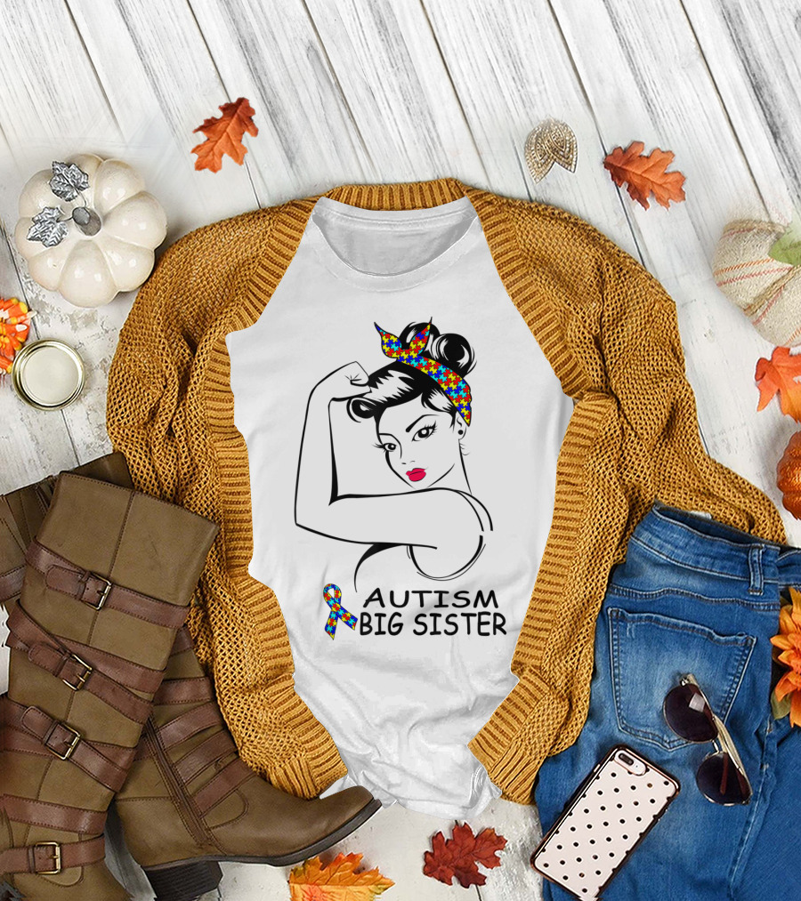 Autism Big Sister Awareness Strong Girl Rosie Style Puzzle T-Shirt