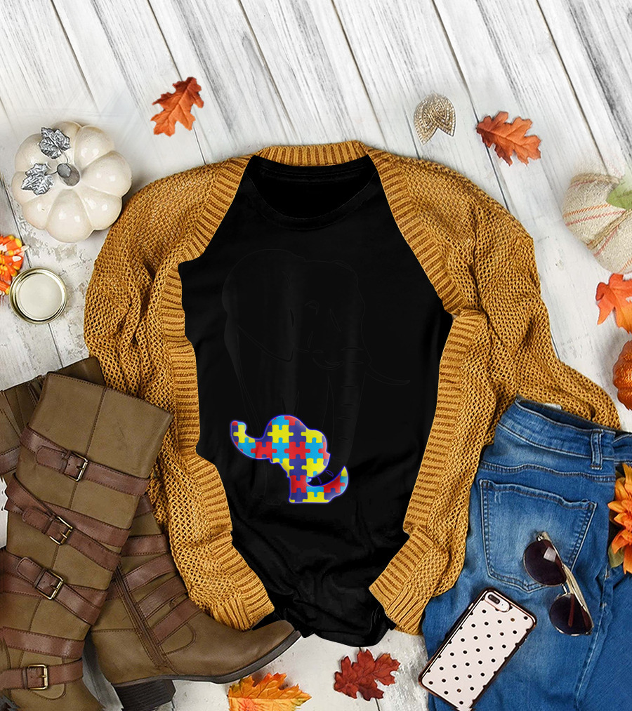Autism Awareness Elephant with Colorful Puzzle T-Shirt