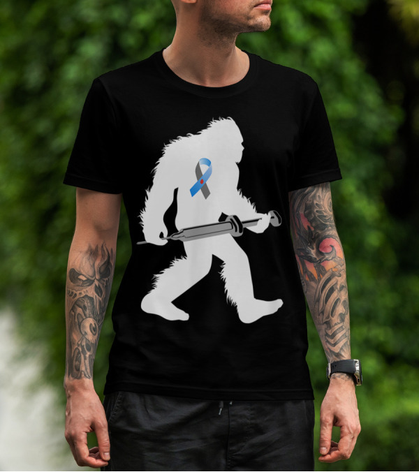 Bigfoot Sasquatch Diabetic Awareness Ribbon With Syringe T-Shirt