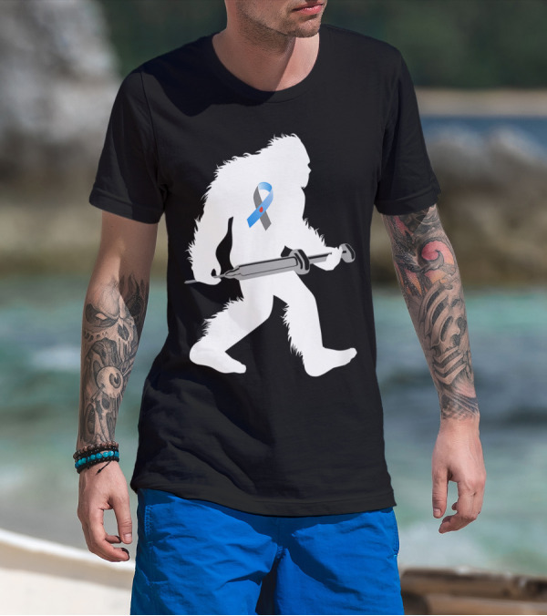 Bigfoot Sasquatch Diabetic Awareness Ribbon With Syringe T-Shirt