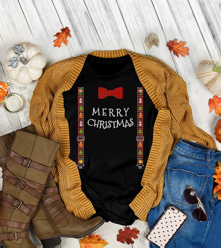 Merry Christmas Buffalo Plaid Bow Tie Suspenders Snowman Gingerbread Tree Gifts T-Shirt