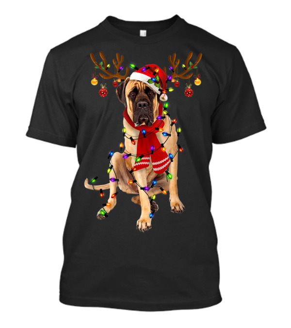 English Mastiff Wrapped In Christmas Lights With Reindeer Antlers And Santa Hat T-Shirt