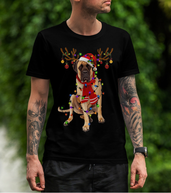 English Mastiff Wrapped In Christmas Lights With Reindeer Antlers And Santa Hat T-Shirt