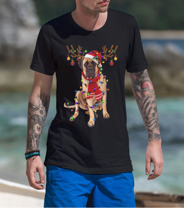 English Mastiff Wrapped In Christmas Lights With Reindeer Antlers And Santa Hat T-Shirt