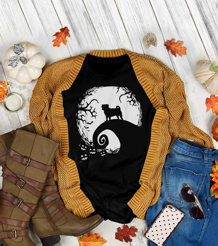 Halloween Pug on Moonlit Hill with Spooky Trees and Bats T-Shirt