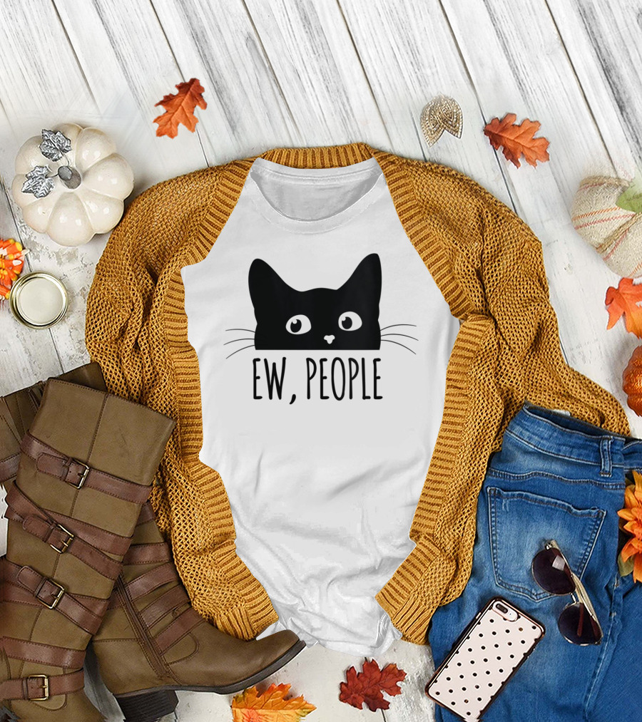 Ew People Funny Introvert Cat Lovers Black Cat Peeking T-Shirt