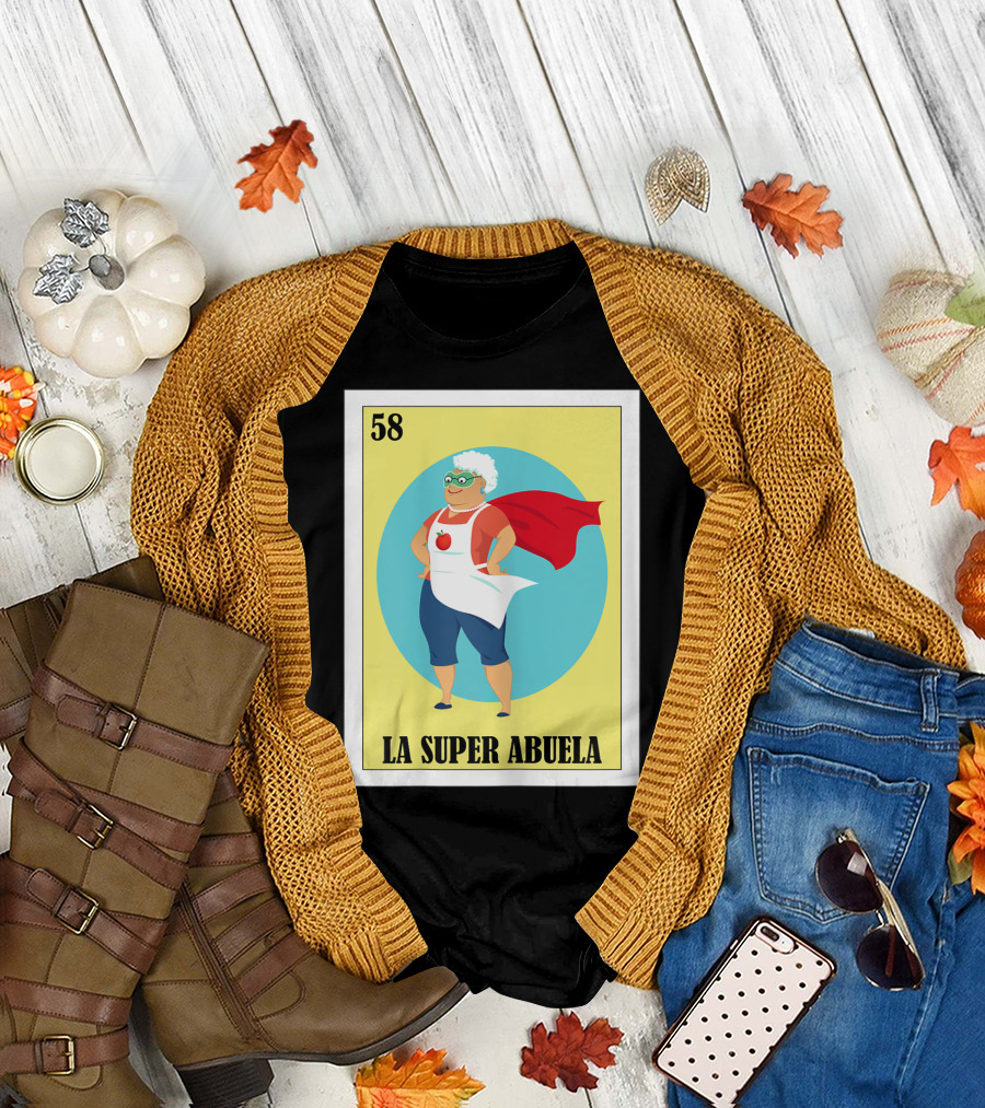 Loteria Card 58 La Super Abuela with Red Cape and Apron T-Shirt