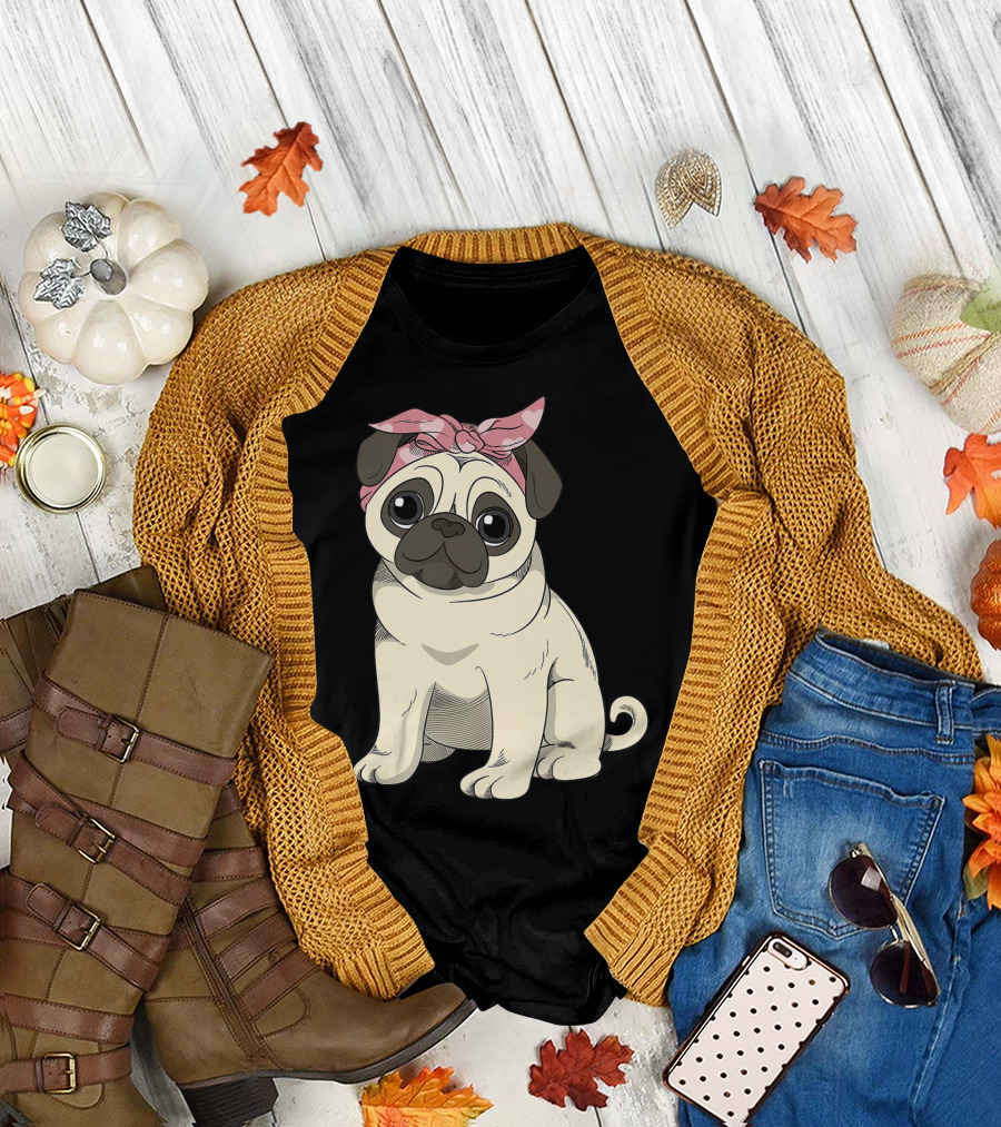 Cute Pug Girl with Heart Patterned Pink Bandana T-Shirt
