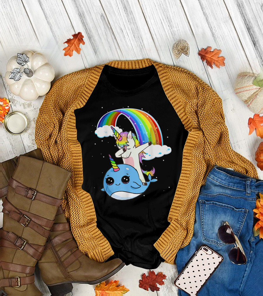 Dabbing Unicorn Riding Cute Narwhal with Colorful Rainbow and Clouds T-Shirt