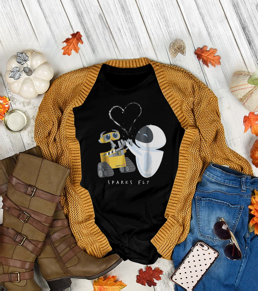WALL-E and Eve Sparks Fly Heart Disney Pixar T-Shirt