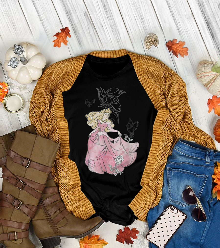 Disney Sleeping Beauty Aurora Maleficent Sketch Birds Rose T-Shirt