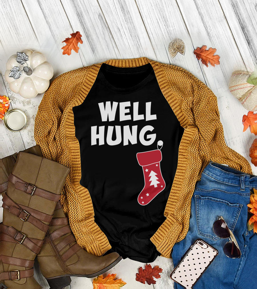 Well Hung Christmas Stocking with Tree and Stars T-Shirt
