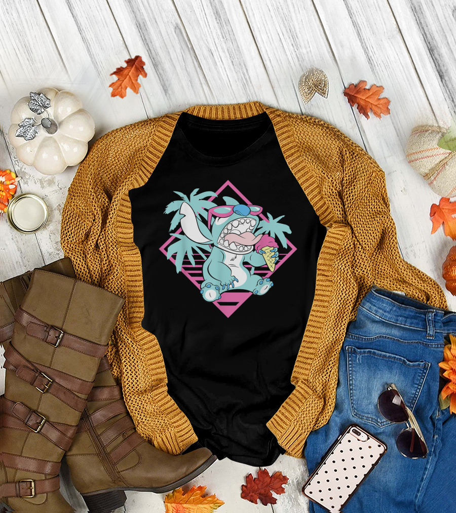 Disney Lilo Stitch Ice Cream 90s Beach Palm Trees Sunglasses T-Shirt
