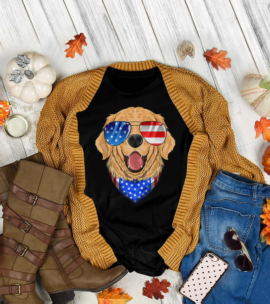 Golden Retriever Merica 4th of July Americ Patriotic Sunglasses Bandana T-Shirt