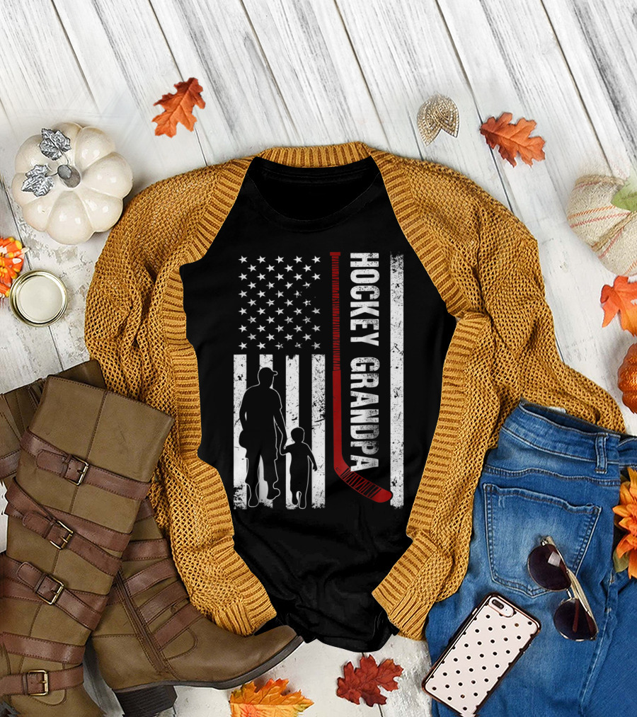 Hockey Grandpa American Flag Silhouette with Hockey Stick and Stars T-Shirt