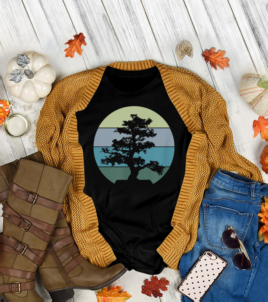 Bonsai Tree Silhouette Pacific Ocean Beach Sunset Colors T-Shirt