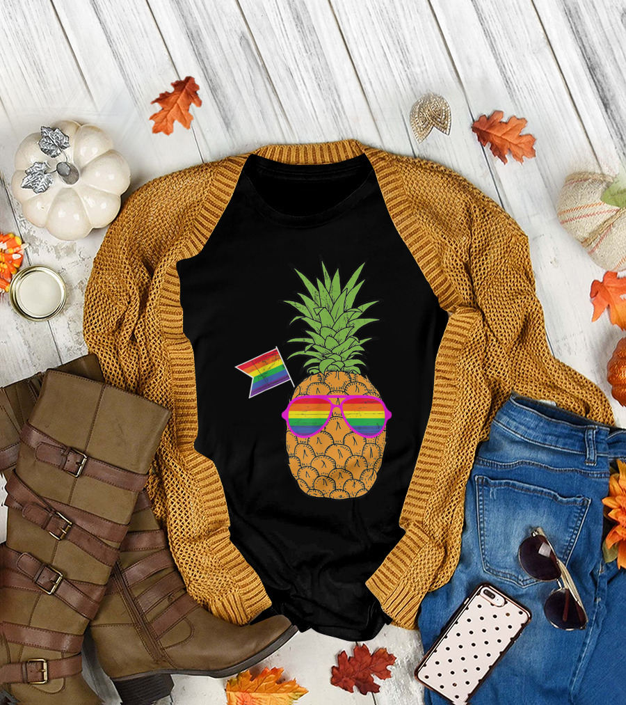 Pineapple Wearing Rainbow Sunglasses with Pride Flag Hawaiian Gay Pride LGBT T-Shirt