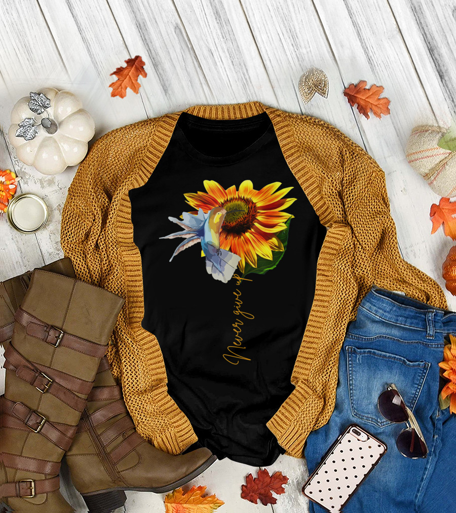 Never Give Up Sunflower Hummingbird MS Awareness T-Shirt