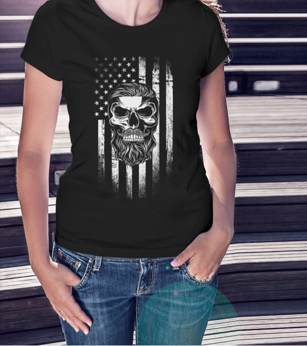 Beard American Flag Patriot Skull Bearded Funny American Flag T-Shirt