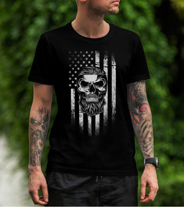 Beard American Flag Patriot Skull Bearded Funny American Flag T-Shirt