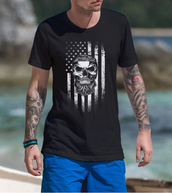Beard American Flag Patriot Skull Bearded Funny American Flag T-Shirt