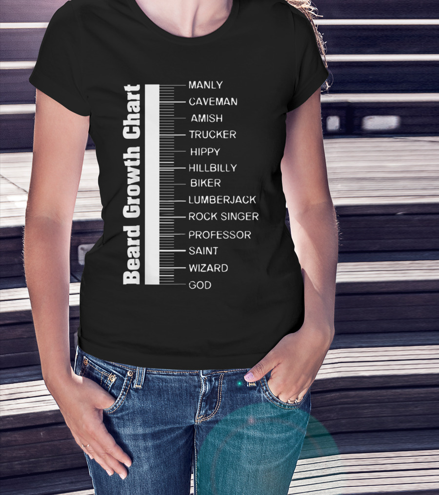 Beard Growth Chart Length Ruler Manly Caveman Amish Trucker Hippy Hillbilly Biker Lumberjack Rock Singer Professor Saint Wizard God T-Shirt