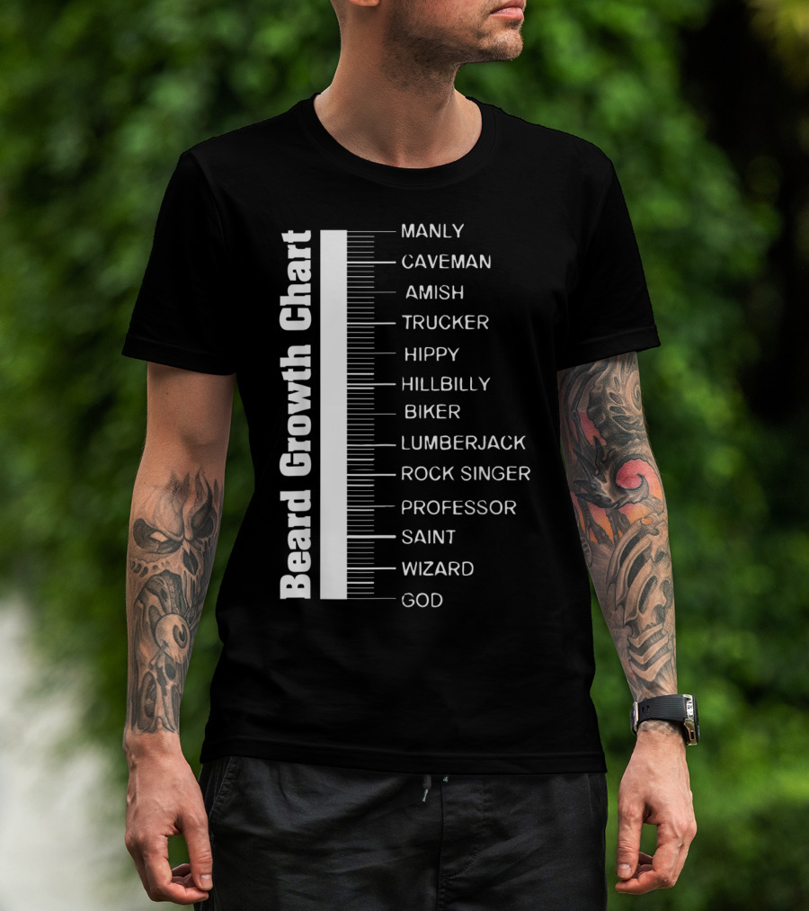 Beard Growth Chart Length Ruler Manly Caveman Amish Trucker Hippy Hillbilly Biker Lumberjack Rock Singer Professor Saint Wizard God T-Shirt
