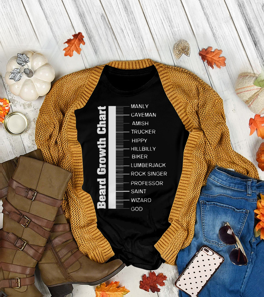 Beard Growth Chart Length Ruler Manly Caveman Amish Trucker Hippy Hillbilly Biker Lumberjack Rock Singer Professor Saint Wizard God T-Shirt