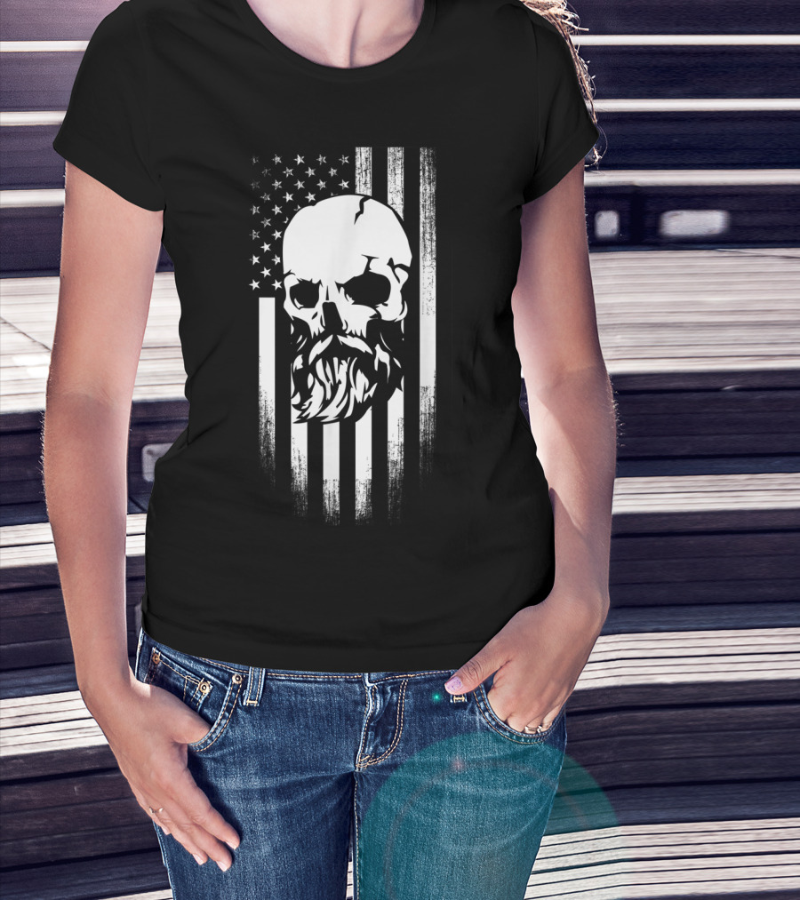 Beard Skull American Flag T-Shirt