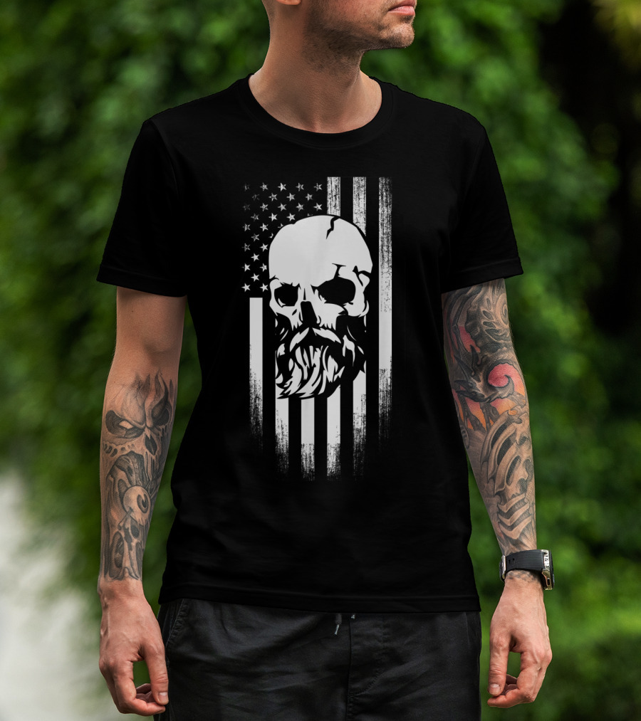Beard Skull American Flag T-Shirt