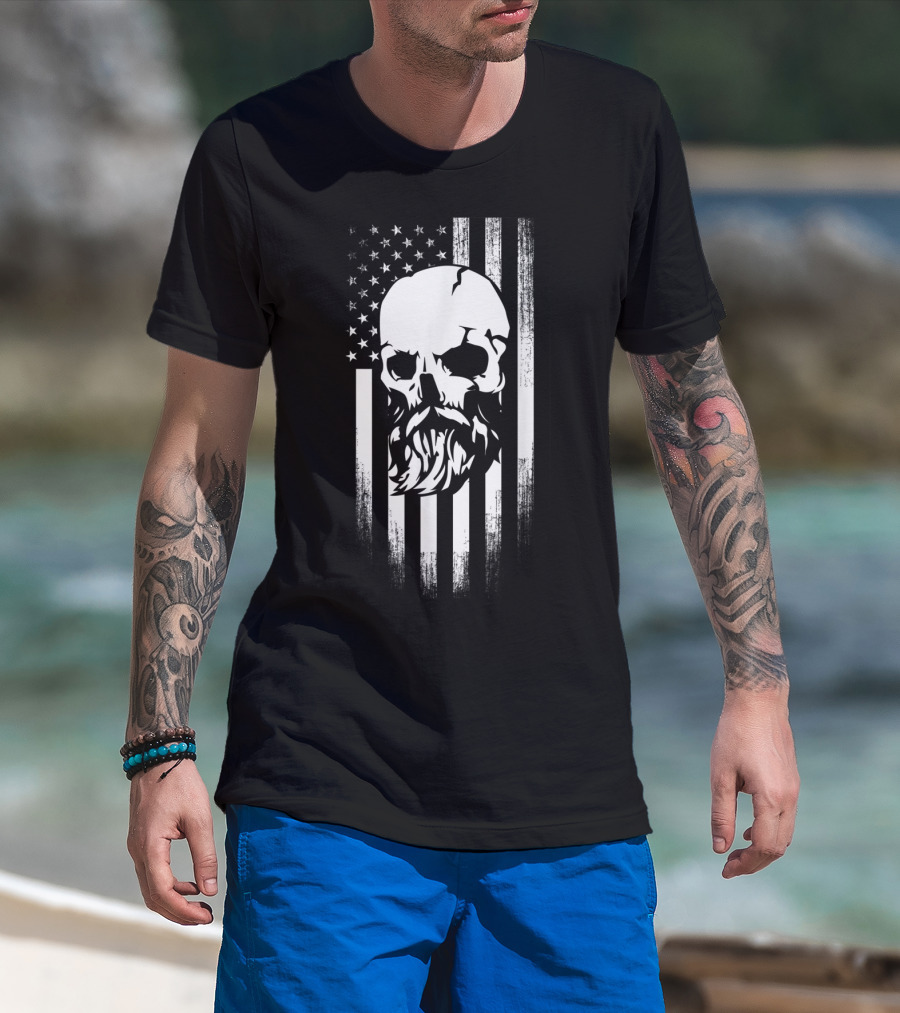 Beard Skull American Flag T-Shirt