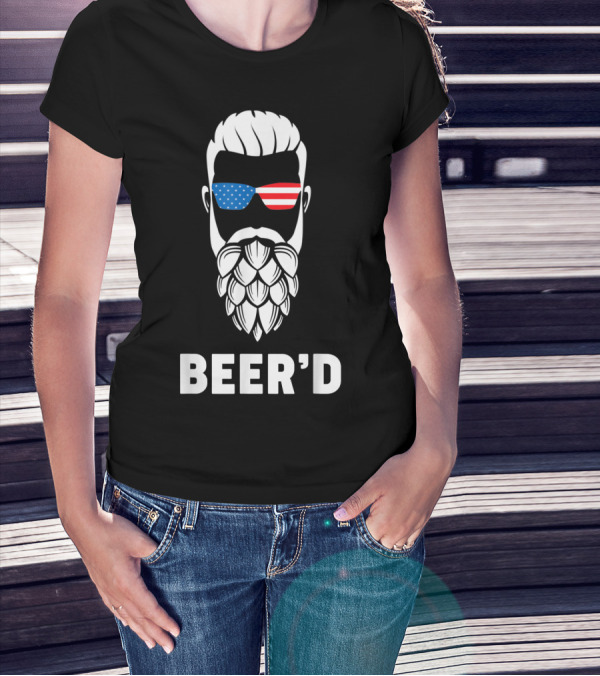 Beer'd Hop Beard American Flag Sunglasses Patriotic Beer Drinkers T-Shirt