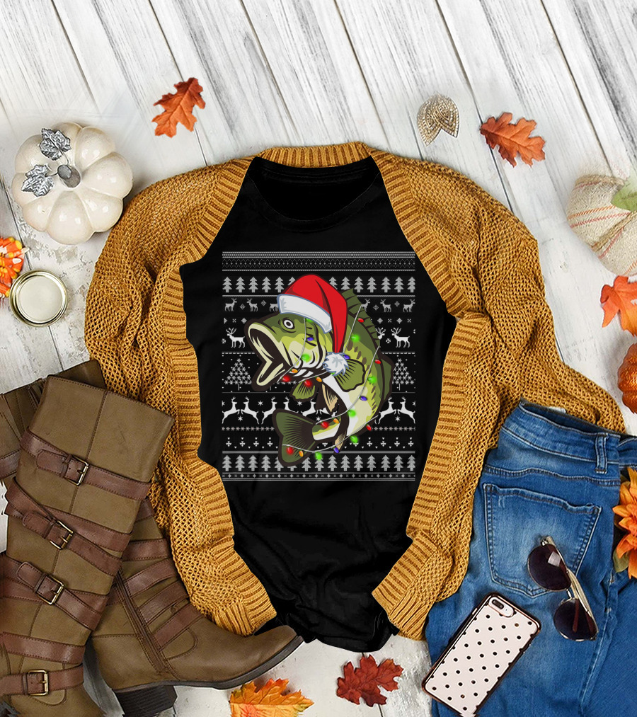 Bass Fish Santa Hat Festive Christmas Lights Holiday Winter T-Shirt