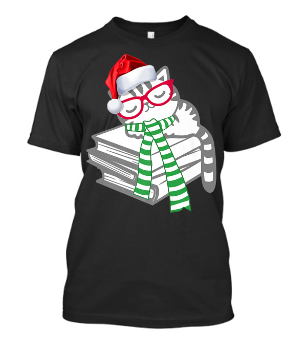 Cat Nerd Reader With Glasses And Festive Elf Hat And Scarf On Books T-Shirt