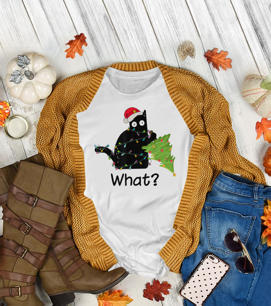 What Black Cat Christmas Lights Tree Santa Hat T-Shirt