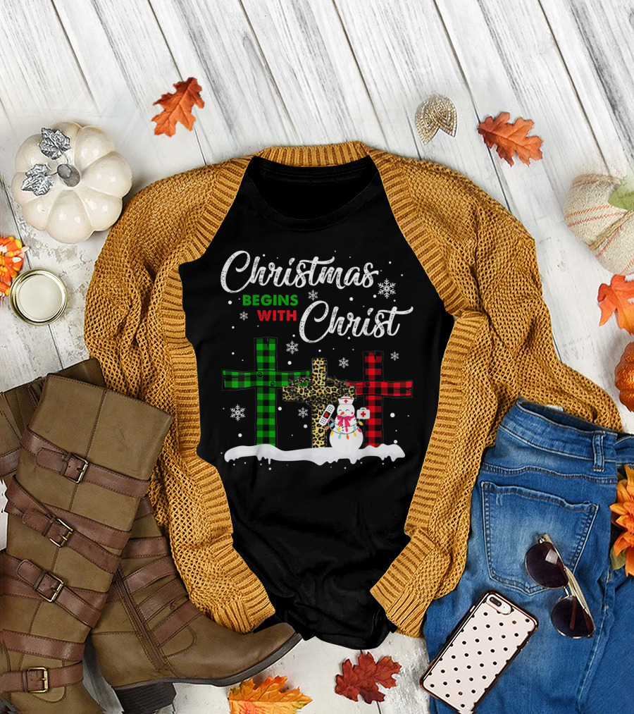 Christmas Begins With Christ Snowman Nurse Crosses T-Shirt