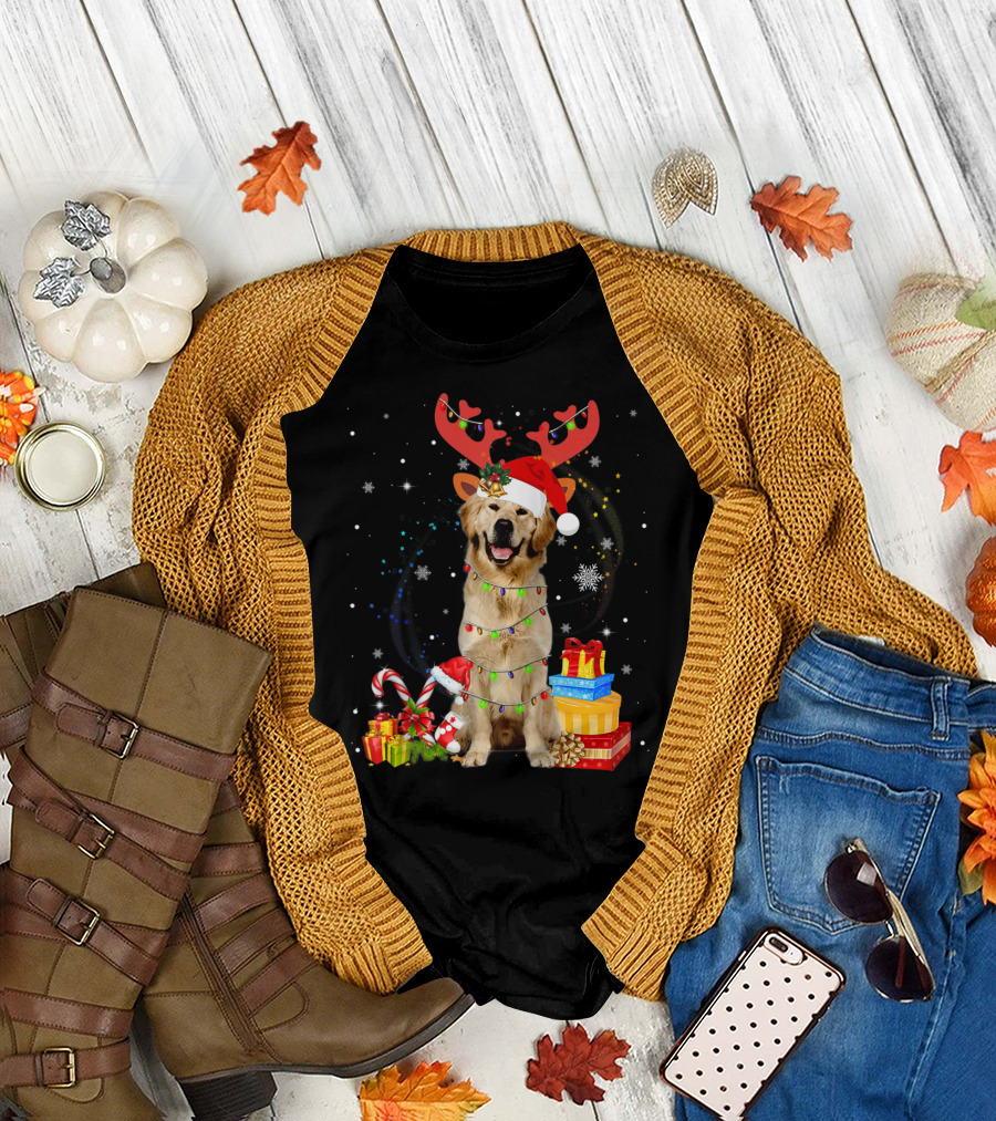 Cute Golden Retriever Christmas Lights Santa Hat Reindeer Antlers Snowflakes Gifts Candy Cane T-Shirt