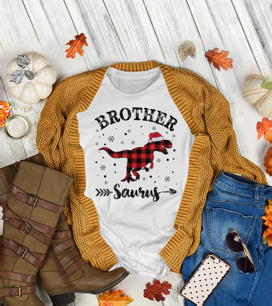 Brother Saurus Red Plaid Dinosaur Santa Hat T-Shirt